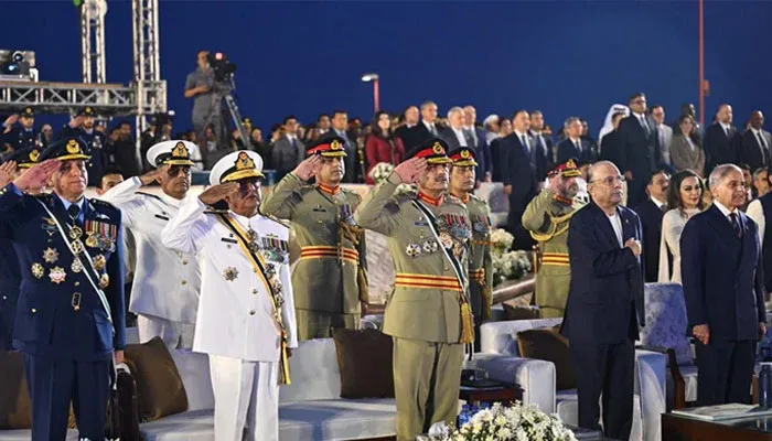 Pakistan leaders and military chiefs attending Marka-e-Haq ceremony in Islamabad