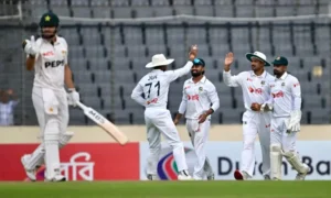 Bangladesh players celebrate after Mehidy Hasan takes five wickets against Pakistan in the Dhaka Test
