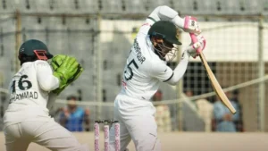 Mushfiqur Rahim plays a defensive shot for Bangladesh against Pakistan in the first Test in Dhaka