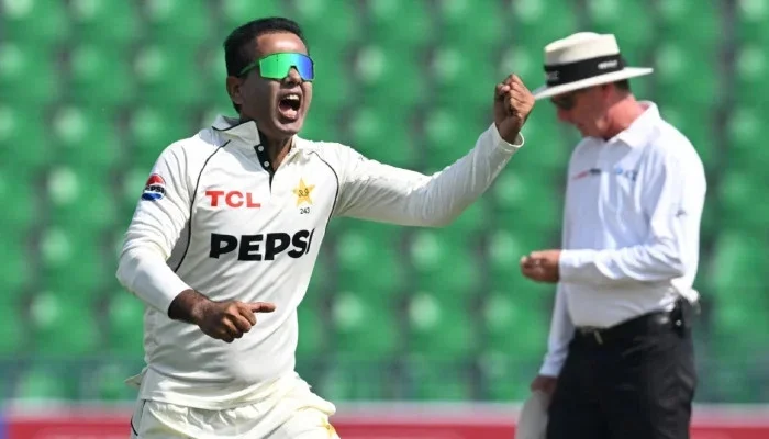 Noman Ali celebrating after taking a wicket during Pakistan vs Bangladesh Test match