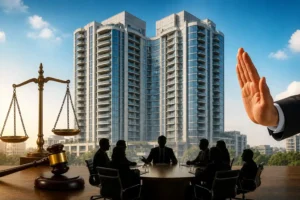 modern high rise building with legal symbols and committee meeting representing one constitution avenue dispute