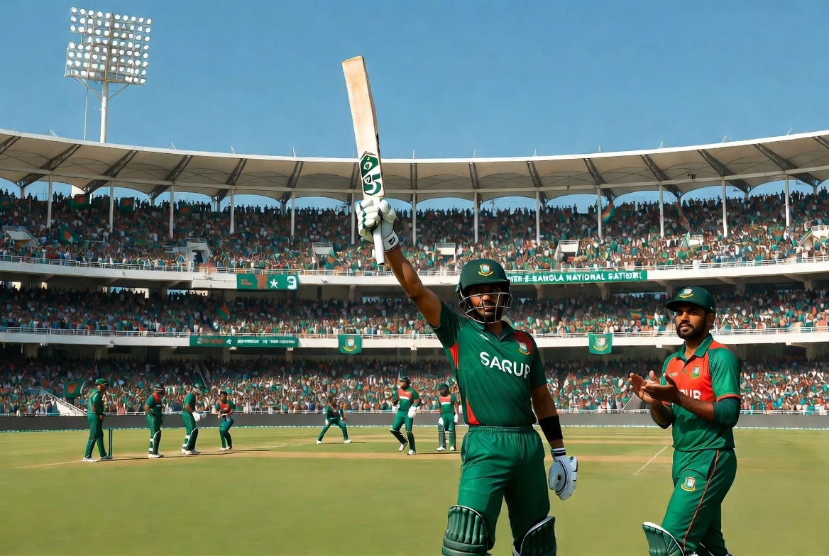 Bangladesh captain Najmul Hossain Shanto celebrates his century on Day 1 of the Bangladesh Test against Pakistan at Sher-e-Bangla National Stadium in Dhaka