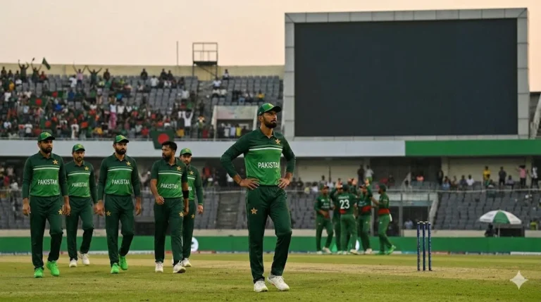 Pakistani cricketers looking downcast at Sher-e-Bangla National Stadium as scoreboard displays '40% match fee fine' and '8 WTC points deducted' for Pakistan slow over-rate.