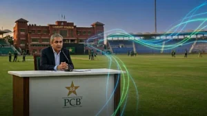 PCB Chairman Mohsin Naqvi at Gaddafi Stadium discussing the upcoming PCB central contracts restructuring.