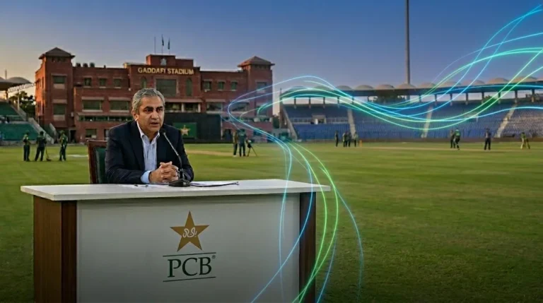 PCB Chairman Mohsin Naqvi at Gaddafi Stadium discussing the upcoming PCB central contracts restructuring.