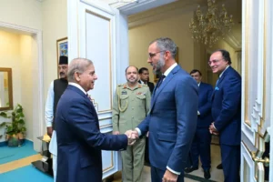 Prince Rahim Aga Khan V meeting Prime Minister Shehbaz Sharif in Islamabad during AKDN partnership discussions