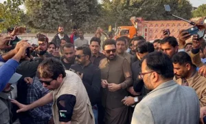 PTI leaders and supporters during PTI sit in near Adiala Jail in Rawalpindi