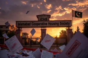 Islamabad Cooperative Housing Society main gate with flying plot files and warning signs at sunset, highlighting the massive Islamabad housing fraud case involving over 36,000 illegal files