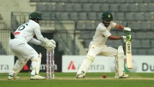 Mohammad Rizwan plays a shot during the Rizwan Sledging incident in the Sylhet Test against Bangladesh