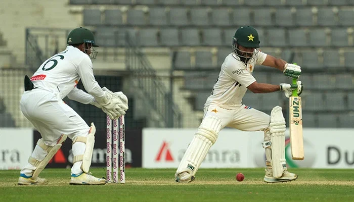 Mohammad Rizwan plays a shot during the Rizwan Sledging incident in the Sylhet Test against Bangladesh