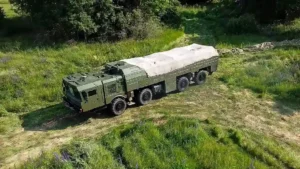 Russian military missile launcher during Russia Nato tensions and nuclear drills near Belarus