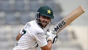 Salman Ali Agha batting during Pakistan vs Bangladesh Test match after ICC reprimand