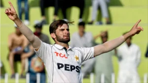 Shaheen Afridi celebrates after becoming the first Pakistani bowler to reach 100 WTC wickets