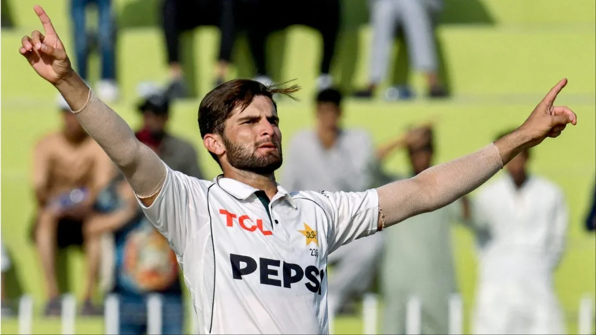 Shaheen Afridi celebrates after becoming the first Pakistani bowler to reach 100 WTC wickets