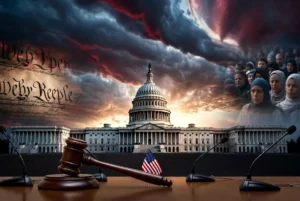 Dramatic view of US Capitol building during Sharia Hearings controversy with gavel, American flag, microphones and Muslim American community, highlighting the debate on political Islam and religious freedom.