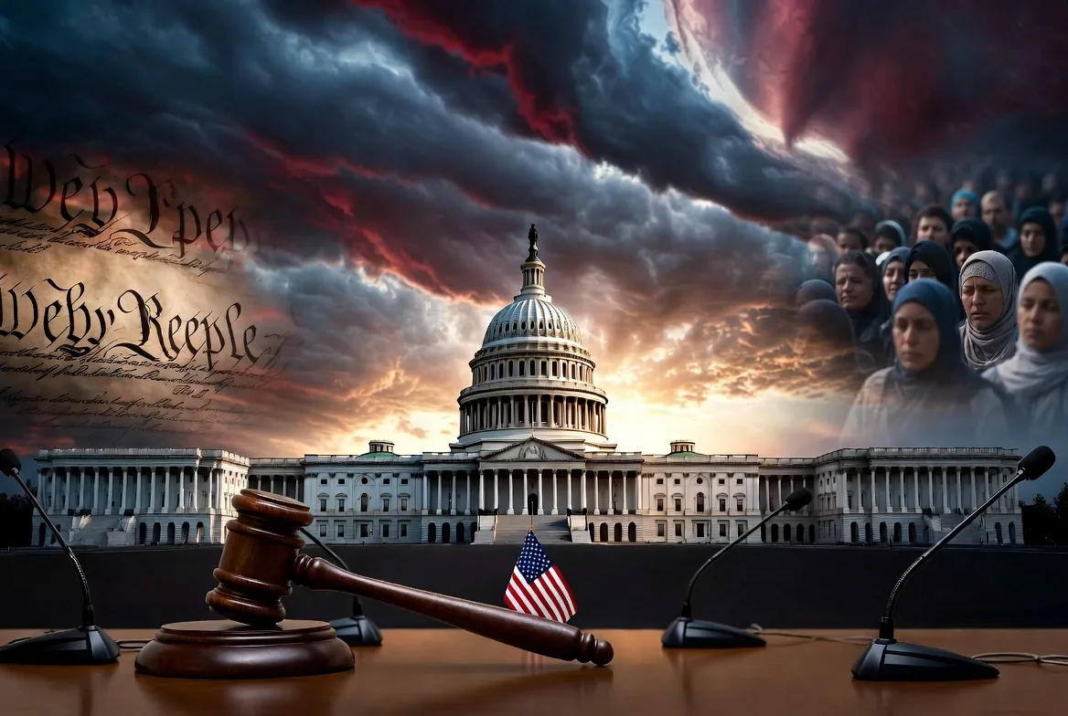 Dramatic view of US Capitol building during Sharia Hearings controversy with gavel, American flag, microphones and Muslim American community, highlighting the debate on political Islam and religious freedom.