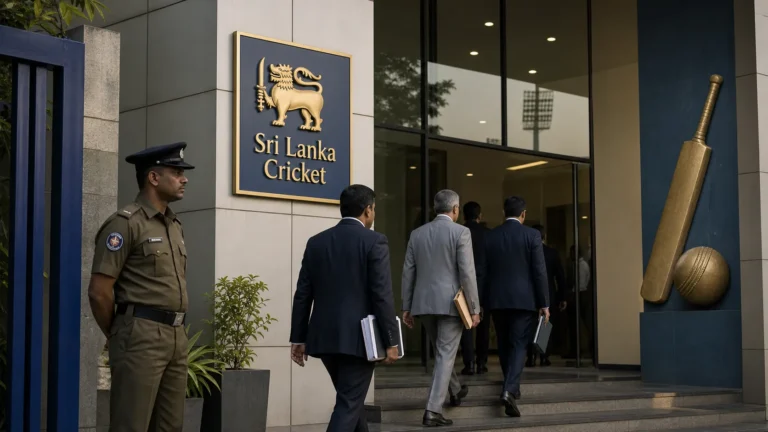 Sri Lanka Cricket headquarters entrance with officials and security after temporary government takeover of the cricket board