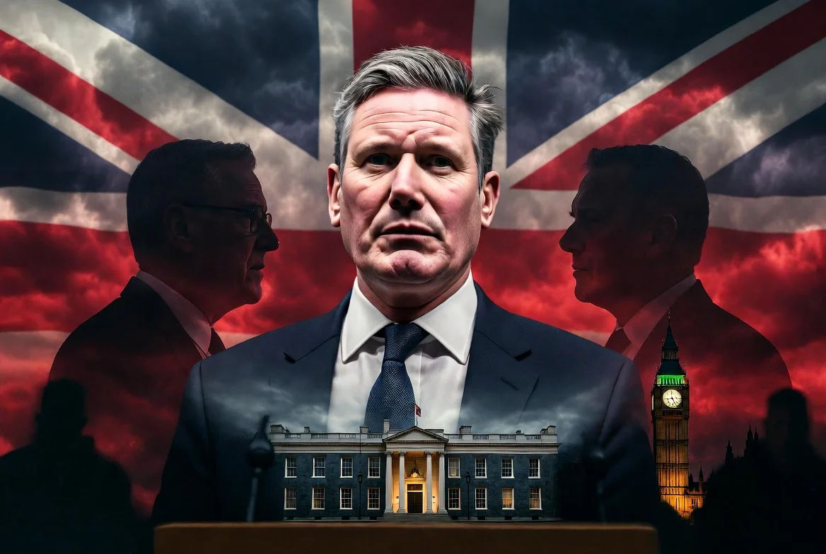 British Prime Minister Keir Starmer facing intense Starmer Leadership Crisis with Union Jack flag, Big Ben, and 10 Downing Street in dramatic stormy background, surrounded by political rivals.