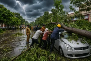 People clearing fallen trees and storm damage on a flooded road after Uttar Pradesh storms in India.