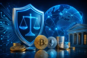 digital finance system with blockchain, crypto coins and security shield representing virtual assets regulation