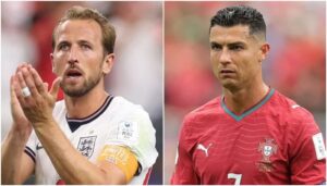 A side-by-side split portrait showing England football player Harry Kane clapping in a white jersey on the left, and Portugal football player Cristiano Ronaldo looking focused in a red jersey on the right.