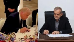A side-by-side split image showing former US President Donald Trump signing a document at a formal dinner table on the left, and Iranian President Masoud Pezeshkian signing papers at a desk on the right.