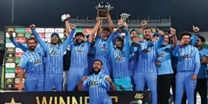 Abbottabad cricket team celebrating after winning the Abbottabad T20 Title in the National T20 Cup 2026 final.