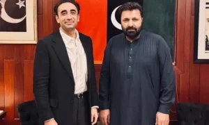 PPP leader Amjad Hussain poses with Bilawal Bhutto after being elected unopposed as Gilgit-Baltistan Chief Minister