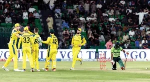 Australia players celebrate a wicket during the Australia Pakistan ODI match at Gaddafi Stadium Lahore