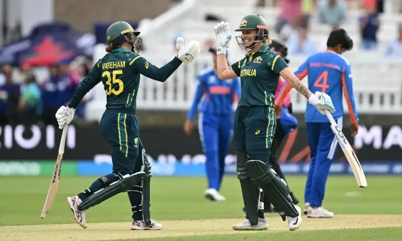 Australia Women T20 players celebrate after defeating India to qualify for the Women's T20 World Cup 2026 semi finals at Lord's.
