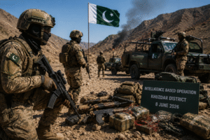 Pakistan security forces conducting a Balochistan IBO in Khuzdar district during a counterterrorism operation against militants.