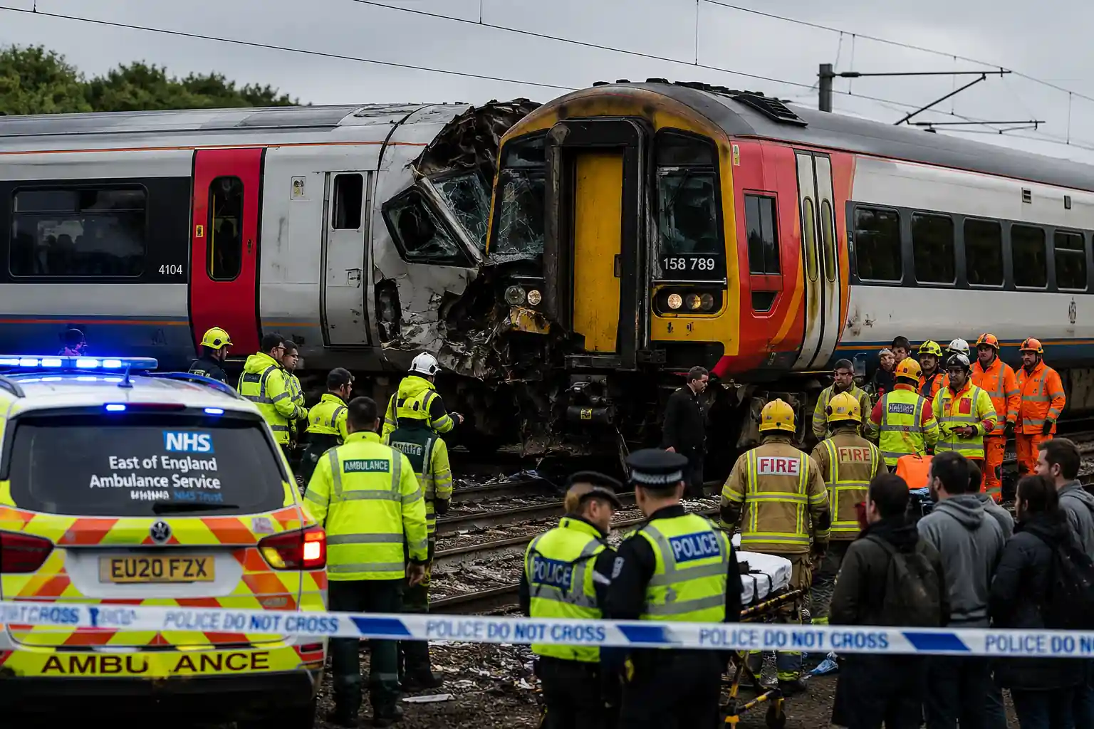 Emergency responders and rescue teams at the scene of the Bedford Train Collision involving two passenger trains near Bedford, England.