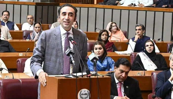 Bilawal Bhutto Zardari addresses the National Assembly during the Bilawal Budget debate on provincial contributions and NFC share protection