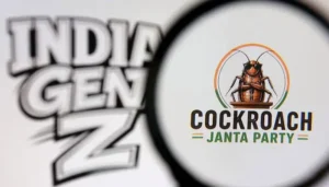 Cockroach Janta Party logo displayed alongside India Gen Z branding, representing the viral youth movement in India.