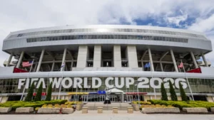 FIFA World Cup 2026 stadium exterior with tournament branding illustrating the FIFA Water Bottle Ban policy.