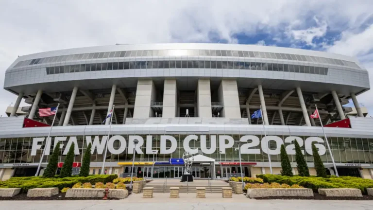 FIFA World Cup 2026 stadium exterior with tournament branding illustrating the FIFA Water Bottle Ban policy.