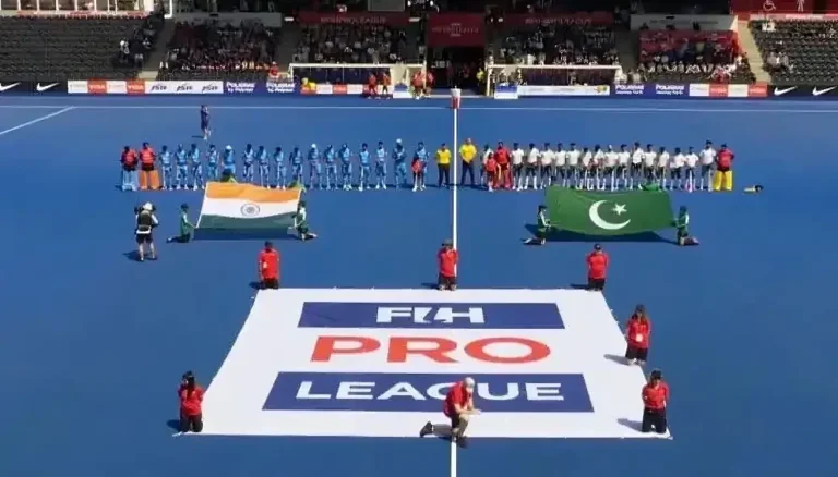Pakistan and India players line up before FIH Pro League match as FIH Flag Error displays incorrect Pakistan flag in London