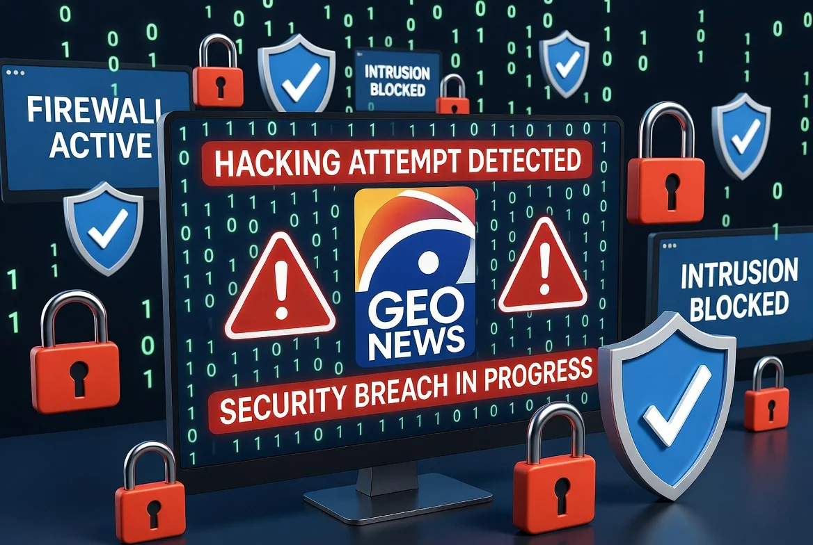 Digital cyber security illustration showing Geo News logo under hacking attempts with security alerts, firewalls, and blocked intrusions on computer screens.