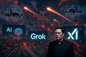 Elon Musk with Grok AI and xAI technology powering US military drones and targeting systems during Grok Iran Strikes operations, dramatic digital illustration