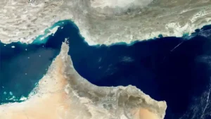 Satellite image showing the Hormuz Routes between Iran and Oman as regional tensions continue.