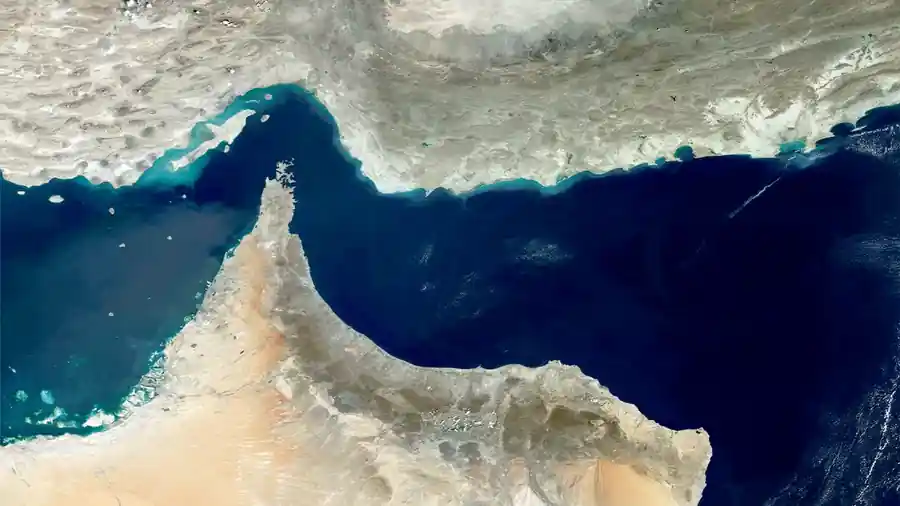 Satellite image showing the Hormuz Routes between Iran and Oman as regional tensions continue.
