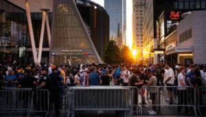 Crowds outside Penn Station in New York following the Penn Station Stabbing that injured six people