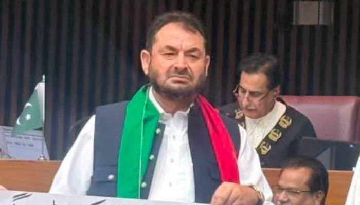 PTI MNA Iqbal Afridi speaking in the National Assembly before being suspended for the remainder of the budget session.