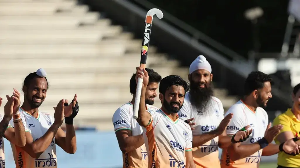 India players celebrate a 7-1 victory over Pakistan during the India Pakistan Hockey FIH Pro League match in London.