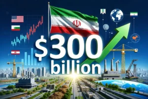 Iran Investment Fund of $300 billion with Iranian flag, financial growth charts and reconstruction symbols representing the major private investment deal in the US-Iran peace agreement