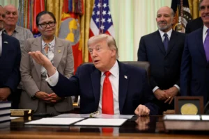 US President Donald Trump speaks during a White House meeting as discussions on the Iran Peace Deal continue.