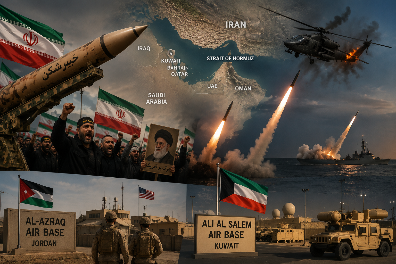 Military missiles, naval forces, and regional security tensions during the Iran US Strikes escalation near the Strait of Hormuz.