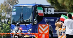 Iran World Cup team bus arriving in the United States ahead of the FIFA World Cup opening match.
