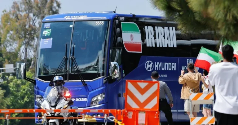 Iran World Cup team bus arriving in the United States ahead of the FIFA World Cup opening match.