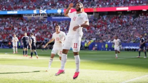 Ismael Saibari celebrates after scoring for Morocco during the FIFA World Cup match against Scotland